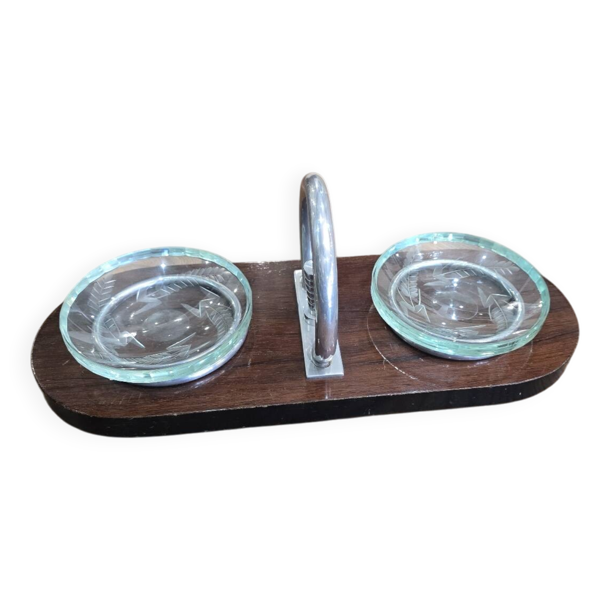 Vide-poche Art Déco en bois, verre gravé et métal chromé