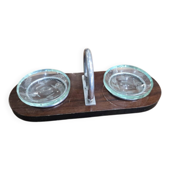 Vide-poche Art Déco en bois, verre gravé et métal chromé