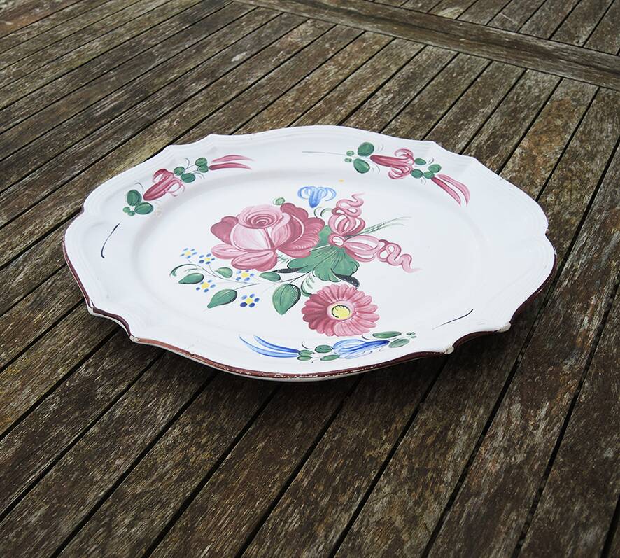 Antique Large Oval Earthenware Dish with Floral Decor