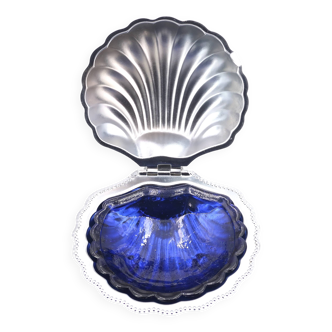 Shell-shaped butter dish in silver-plated metal and blue glass, 1960s