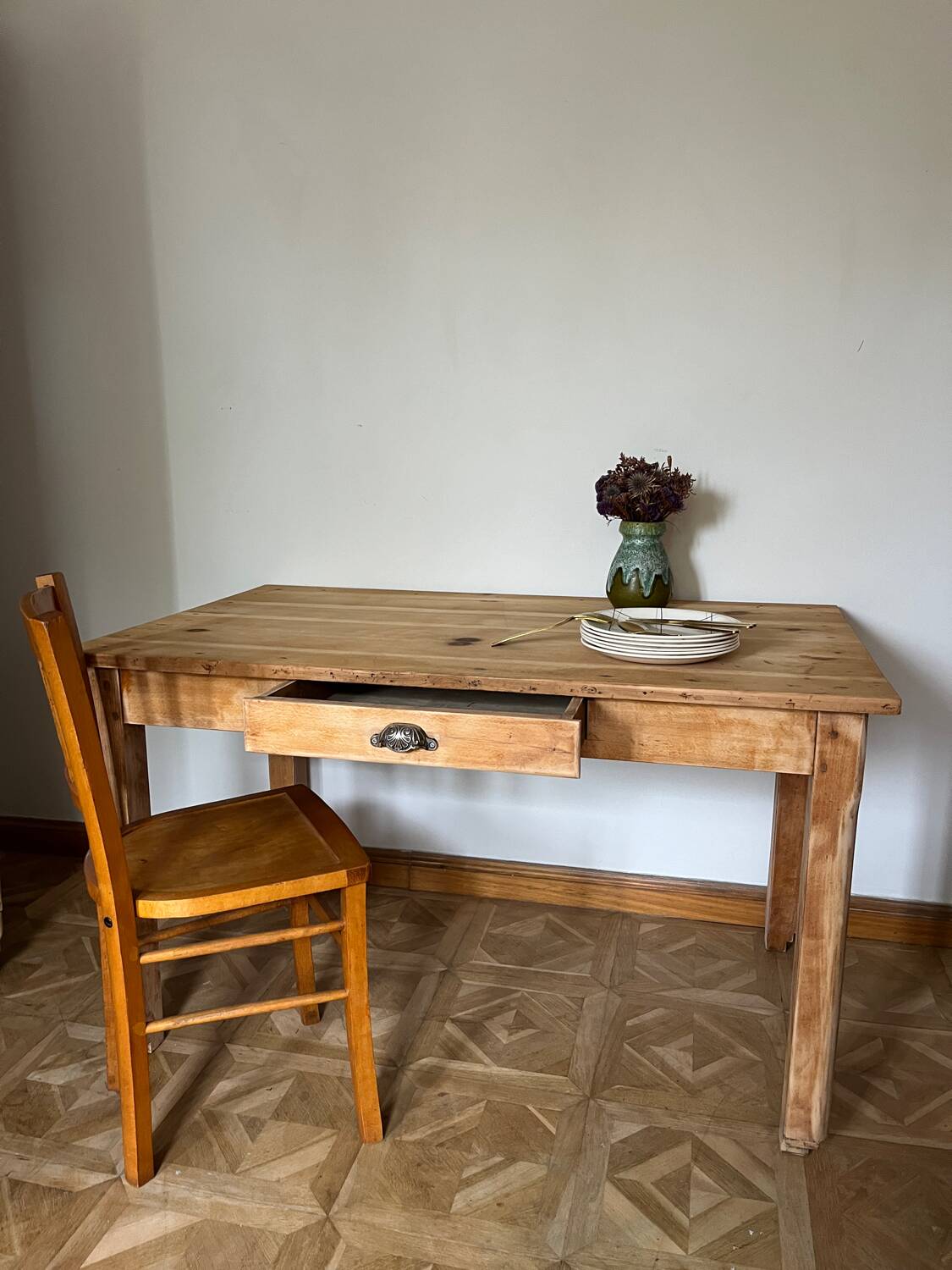 Raw wood farmhouse table