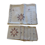 Set tablecloth and 6 matching towels, embroidered, origin Brazil