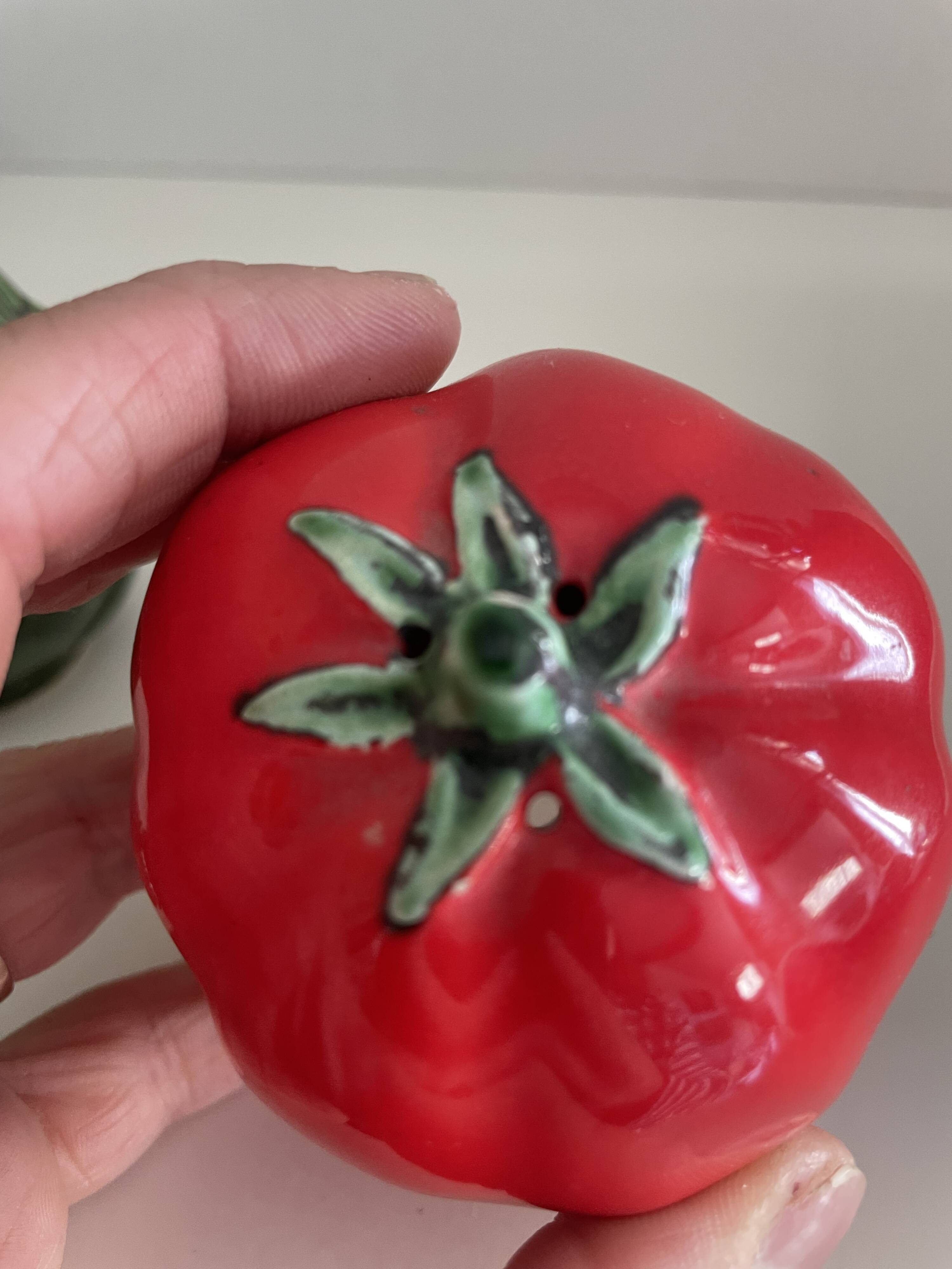 Ceramic artichoke tomato salt and pepper shakers in slip