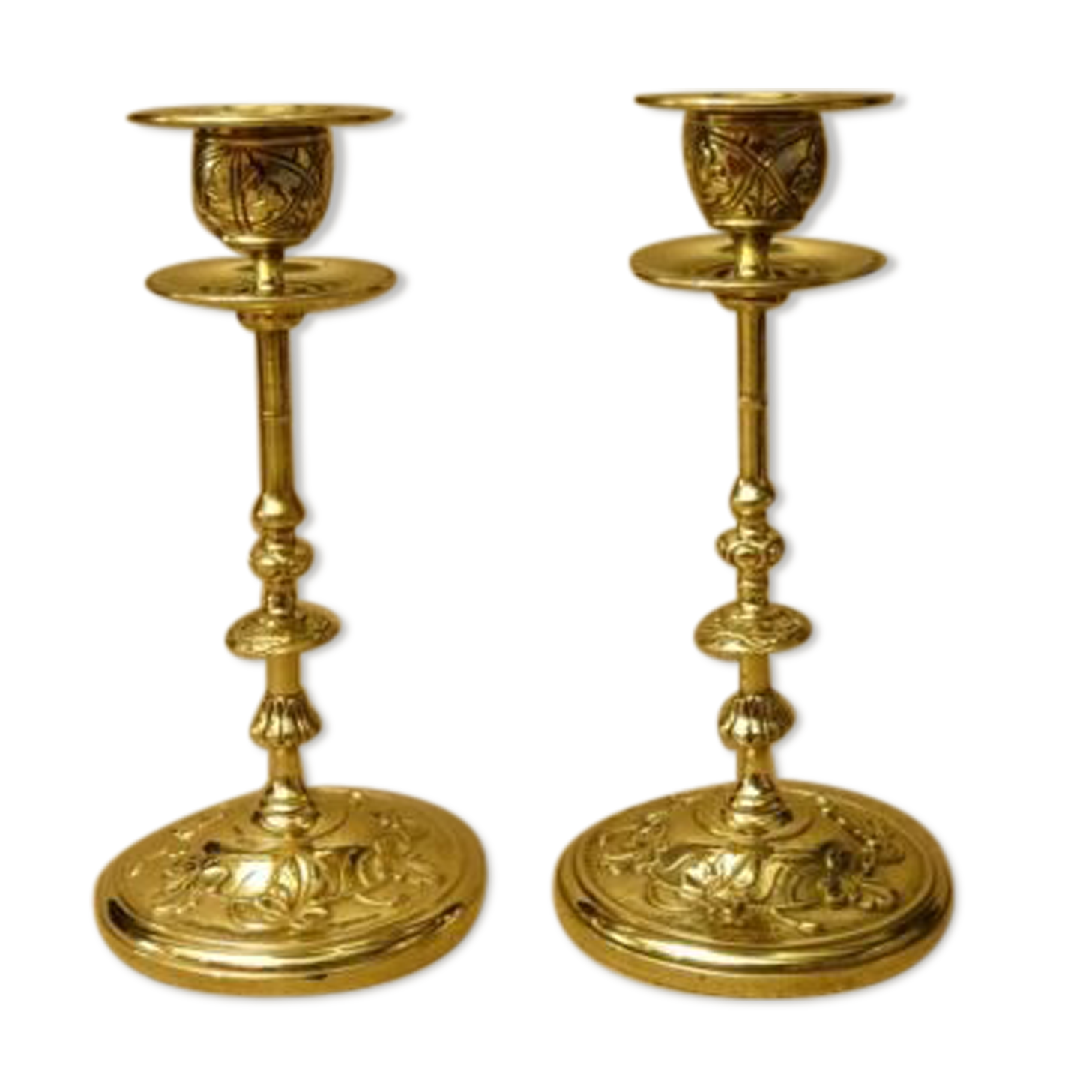 Pair of old torches candle holders bronze brass floral decoration Ht 18,8 cm ref A173/40