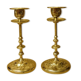 Pair of old torches candle holders bronze brass floral decoration Ht 18,8 cm ref A173/40