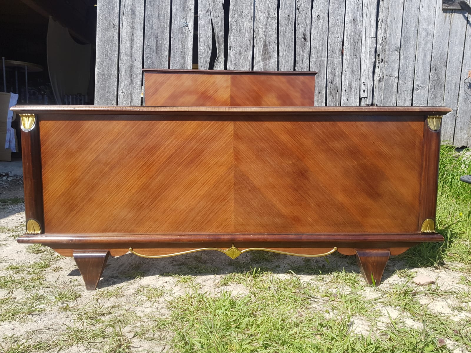 Former art deco bed 2 people wood - vintage golden ornaments