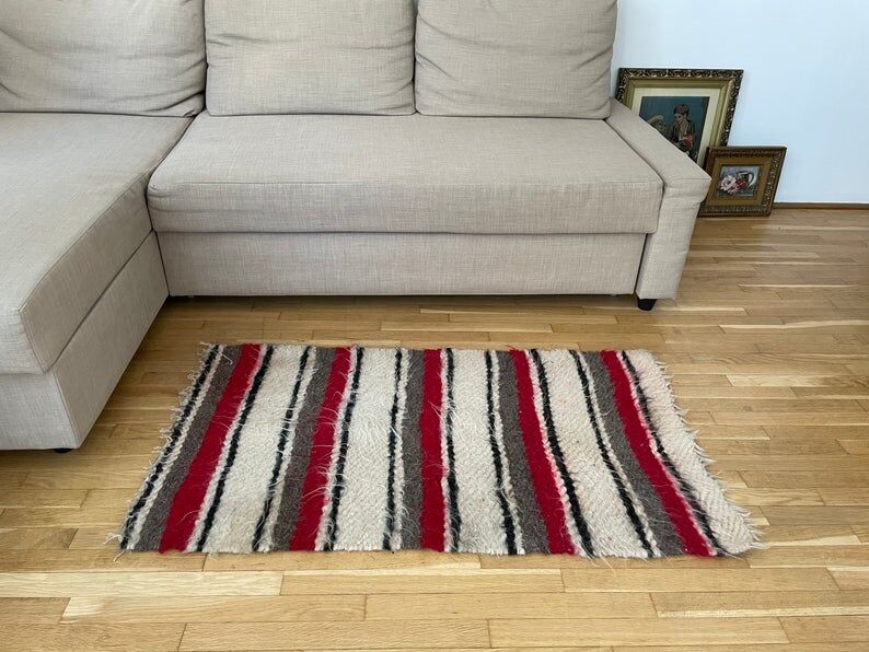 Set of two Romanian wool fluffy rugs with stripes made by hand