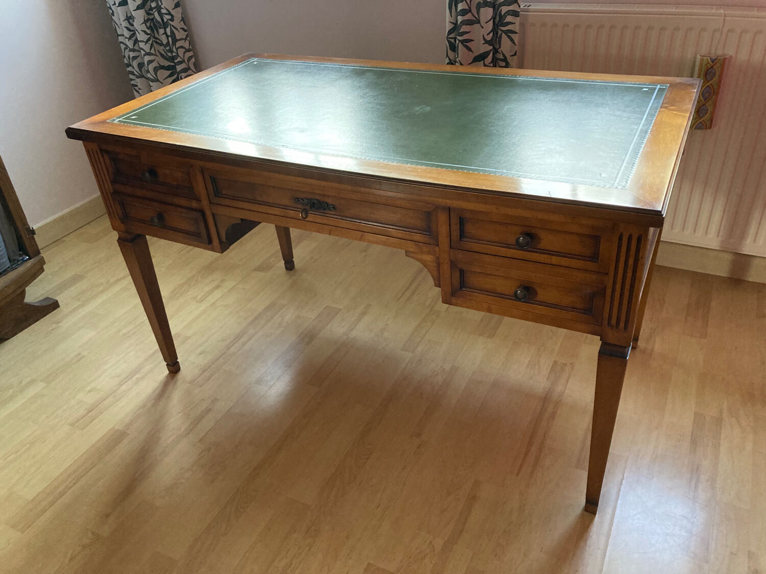 Napoleon Empire style wood and green leather desk 4 drawers 2 sliding shelves