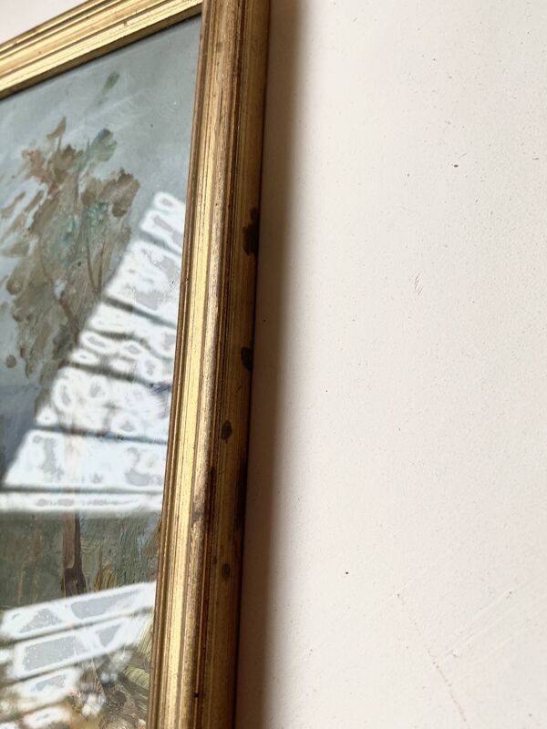 Huile 1950 mise sous verr, cadre bois doré