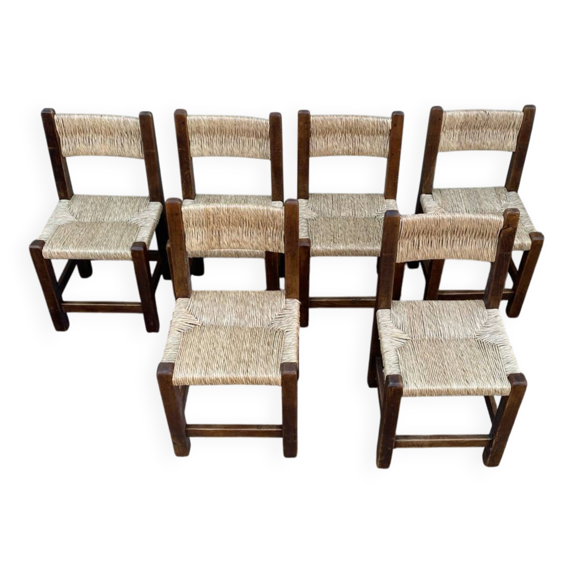 6 rustic wooden and straw chairs