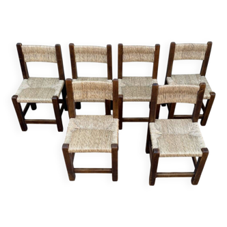 6 chaises rustiques en bois et paille