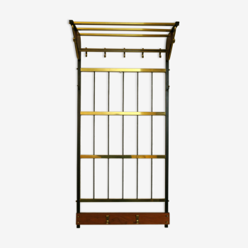 Wall mounted coat and hat rack in brass, teak and black metal, 1960