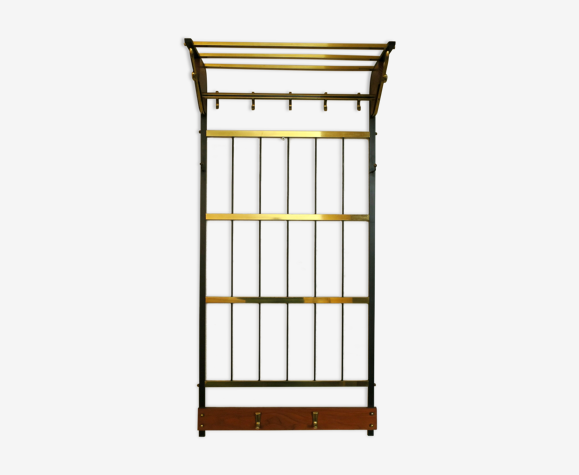 Wall mounted coat and hat rack in brass, teak and black metal, 1960