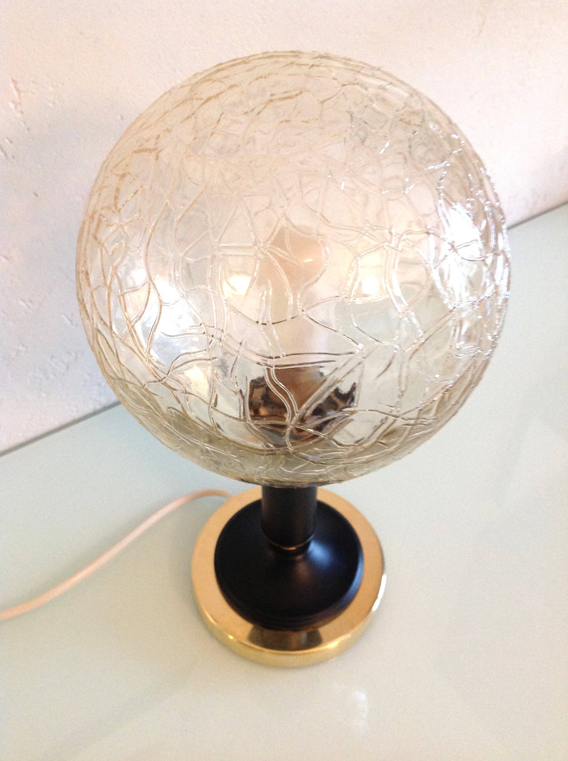 Structured amber glass globe lamp on black and brass base by Solken Leuchten/ 60s-70s