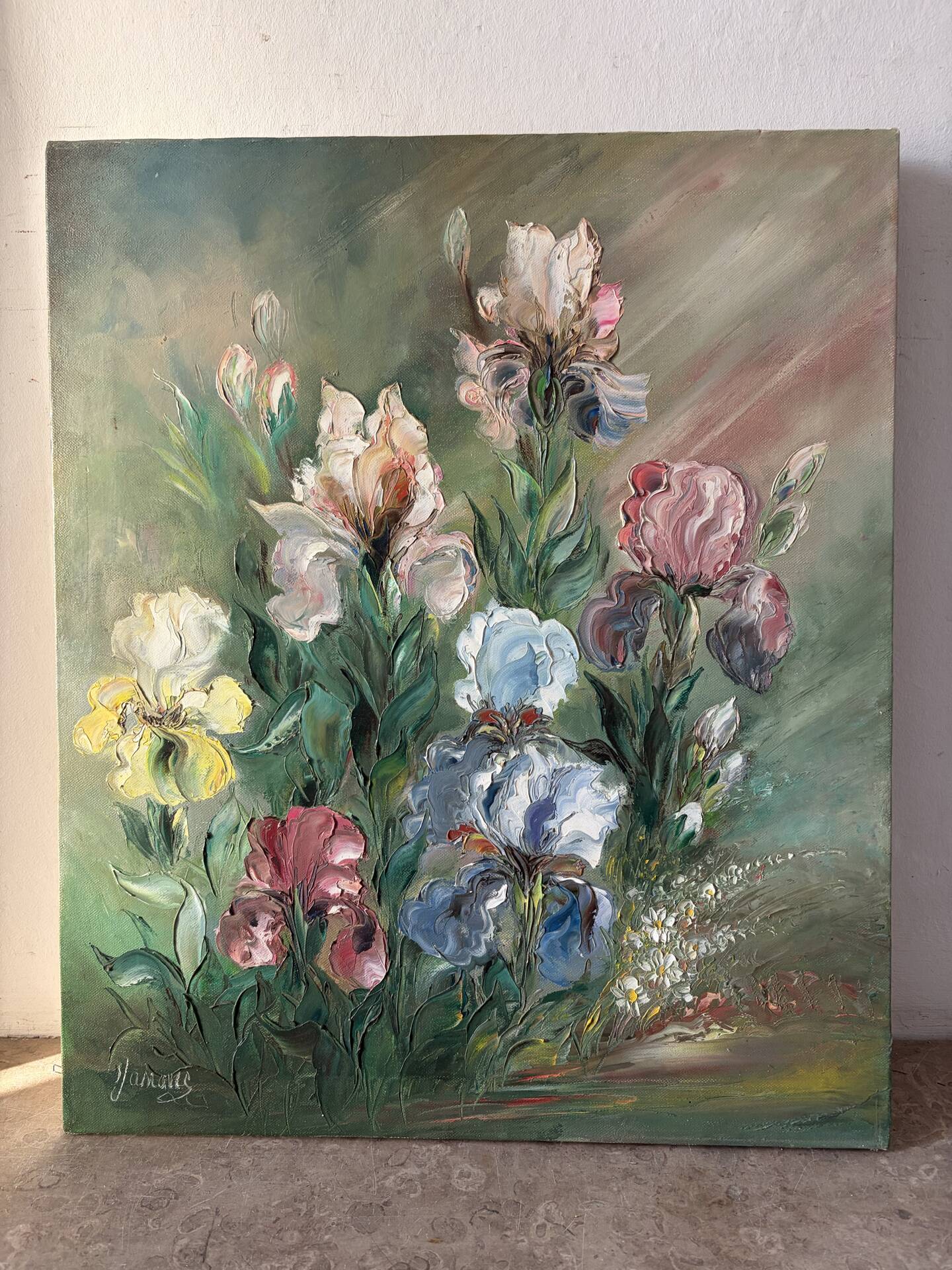Les iris, huile au couteau signée
