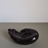 Vintage 1970s black ceramic hand-shaped trinket dish, retro decorative sculpture, centerpiece, home decor, soap dish