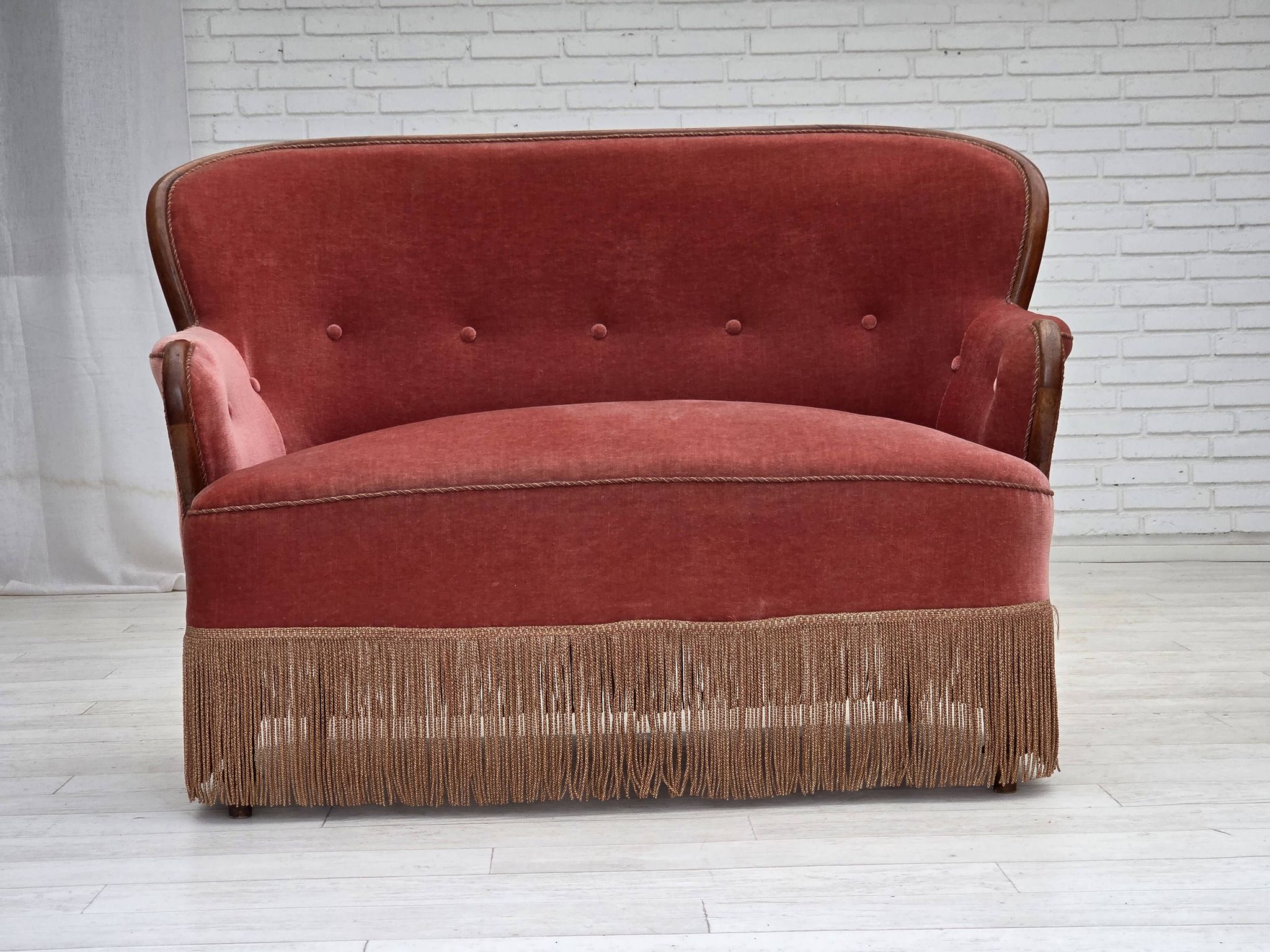 1930s, Danish 2-seater sofa, salmon pink furniture velour, ash wood.