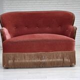 Canapé danois 2 places des années 1930, velours d'ameublement rose saumon, bois de frêne.