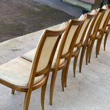 6 Italian Scandinavian style dining chairs from the 1950s in wood and leather.