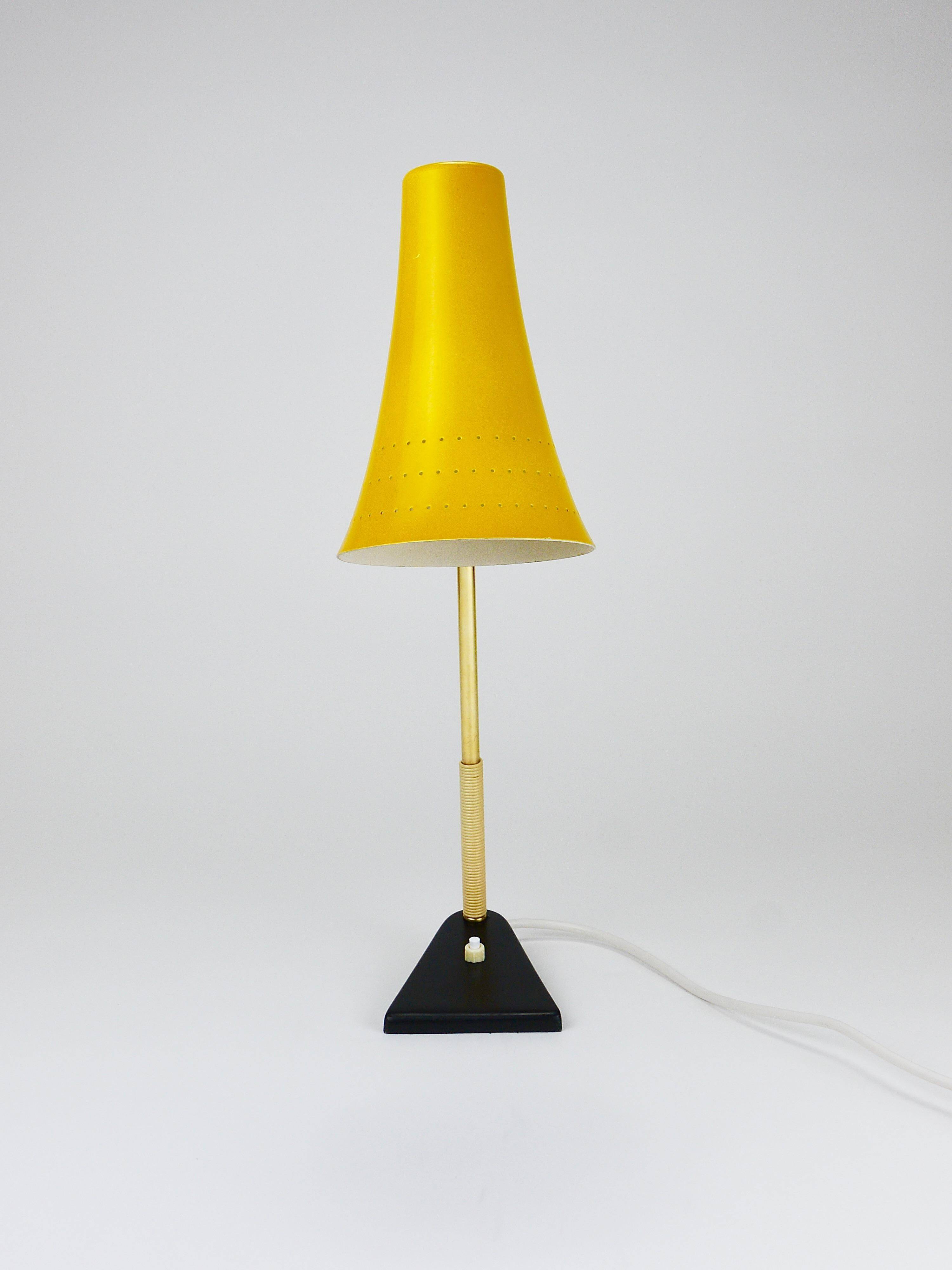 Yellow desk, table or accent lamp by J.T. Kalmar, brass and iron, Vienna, Austria, 1950s.