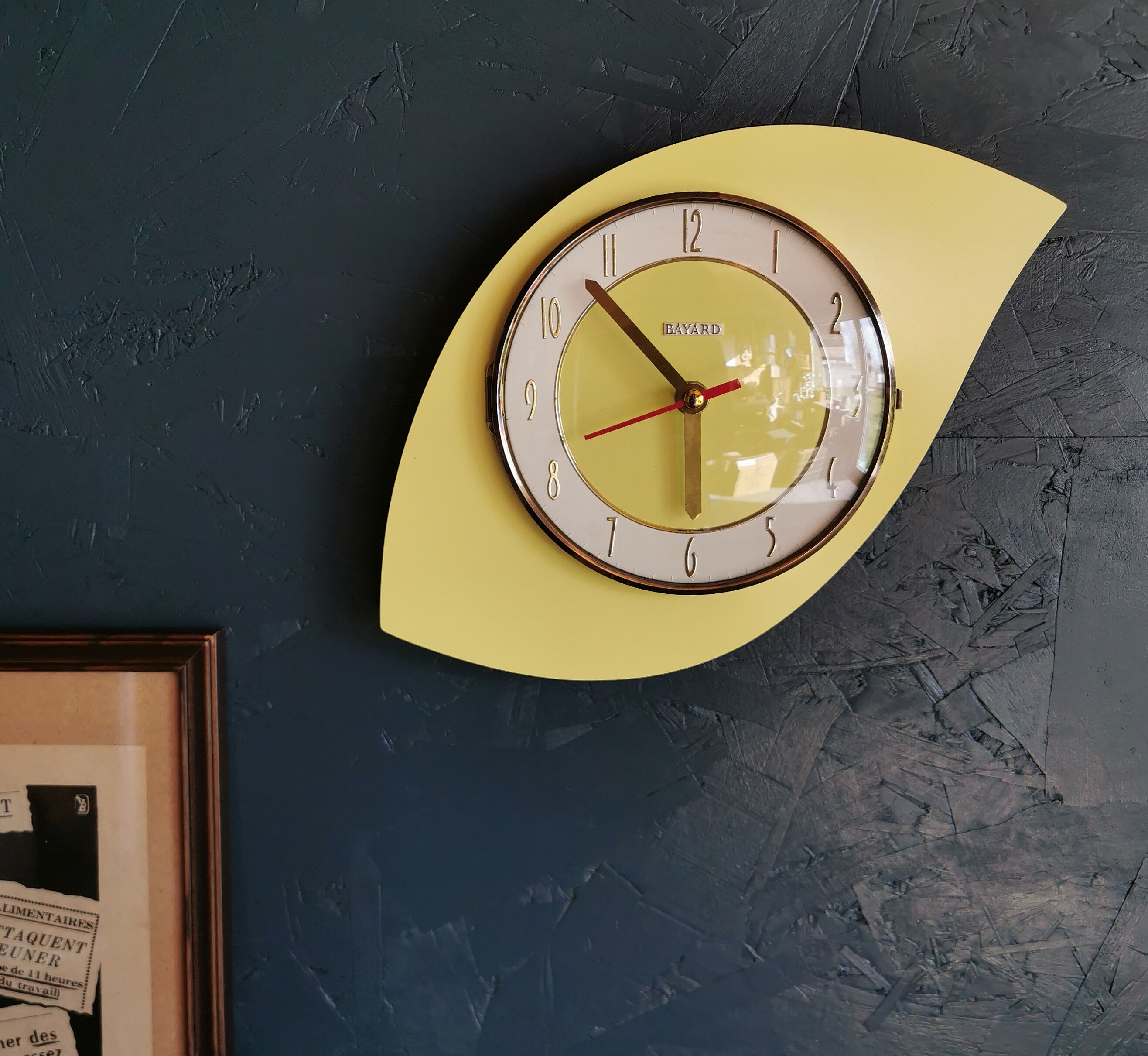 Vintage formica clock asymmetrical silent wall clock "Bayard yellow"
