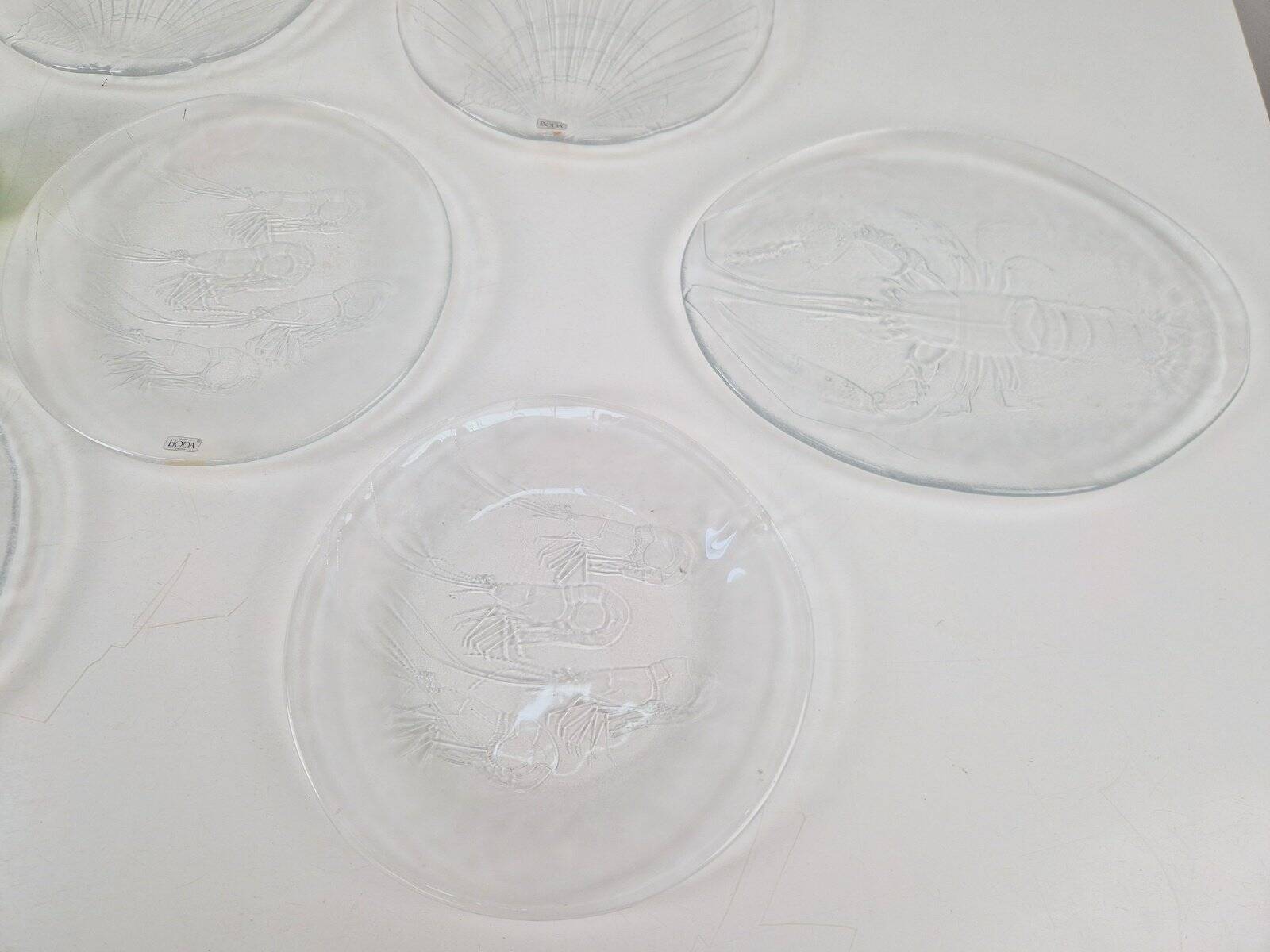 Vintage Glass Seafood Serving Bowl, Plate and Dinner Plates by Ann Warff for Kosta Boda, Sweden, 1970s, Set of 8