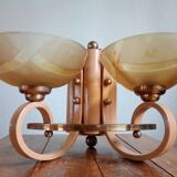 Double retro wall light - painted wood & brass - amber yellow frosted glass cups