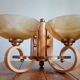 Double retro wall light - painted wood & brass - amber yellow frosted glass cups