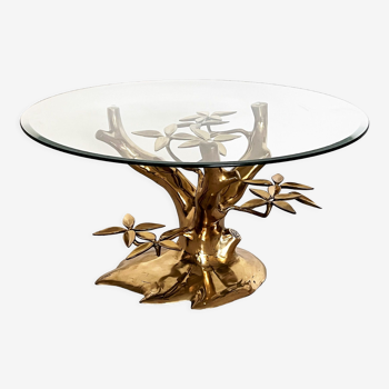Coffee table in tree shape in full brass and cut glass, 1970s