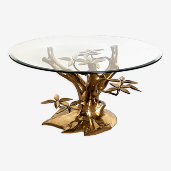 Table basse en forme d’arbre en laiton et verre taillé, années 1970