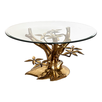 Table basse en forme d’arbre en laiton et verre taillé, années 1970