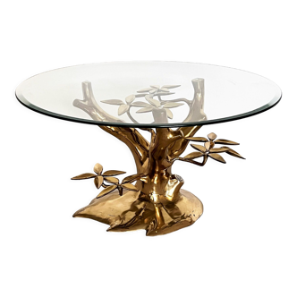 Coffee table in tree shape in full brass and cut glass, 1970s