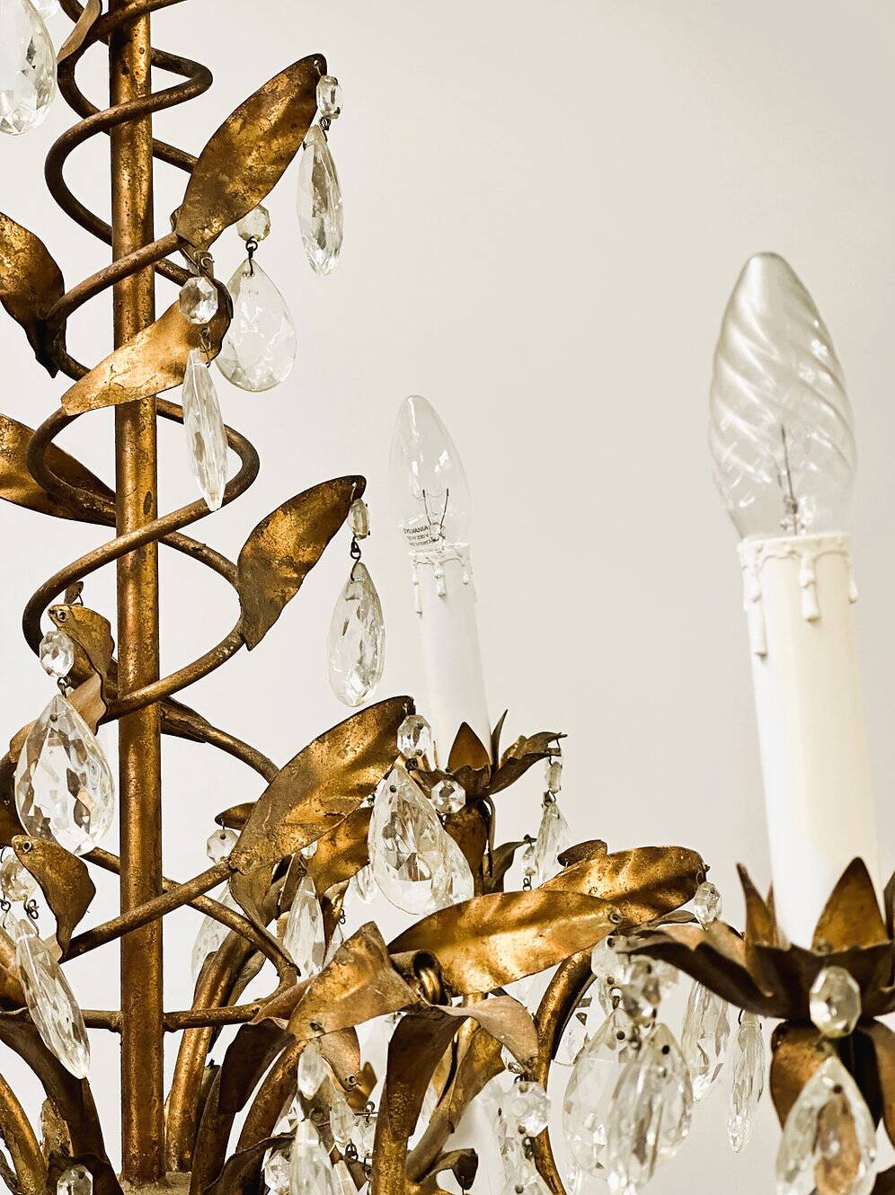 Vintage gold leaf crystal chandelier with 6 lights, 1950s.