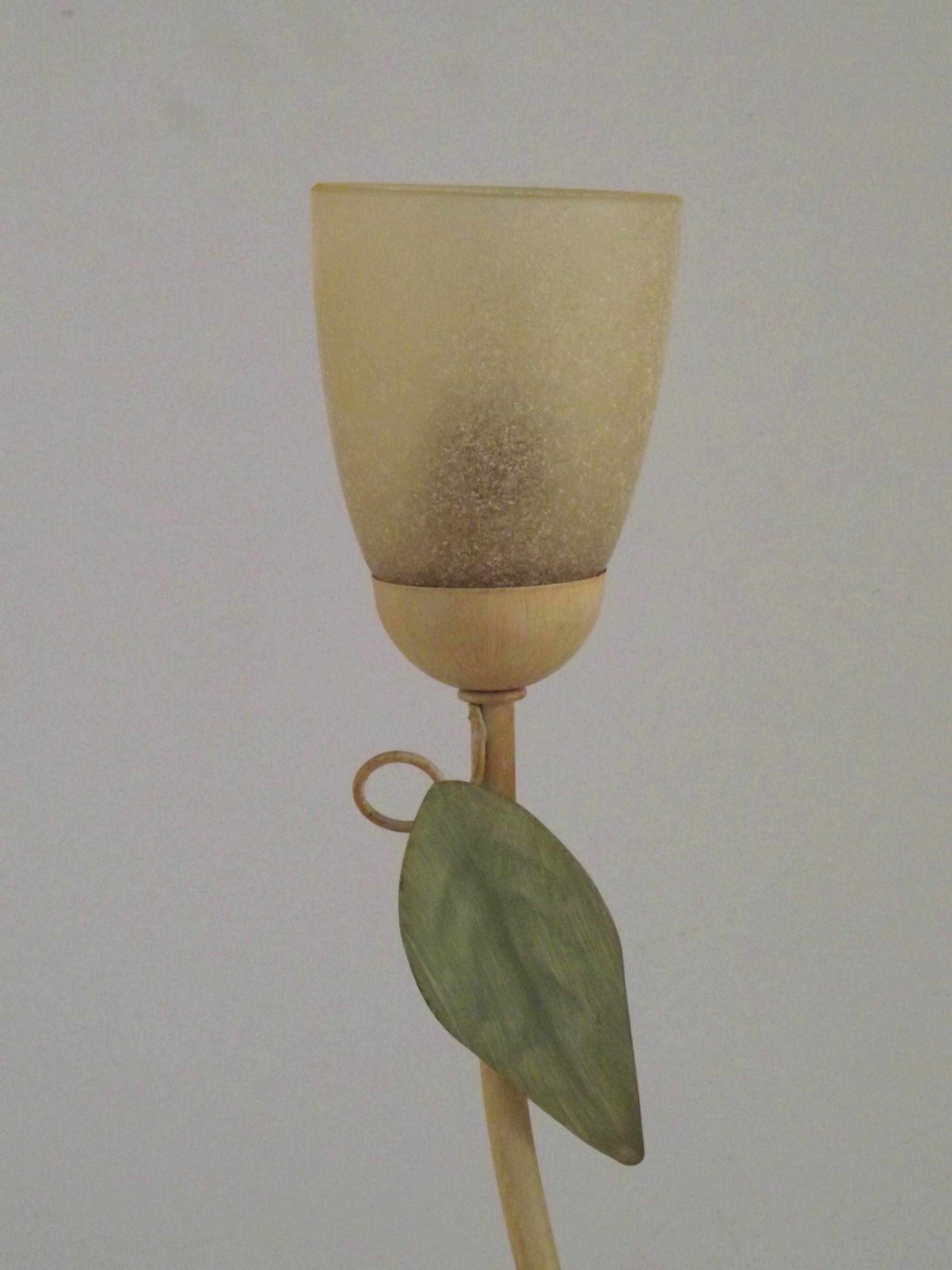Vintage Italian Double Light Table Lamp Green Leaves Glass Shades