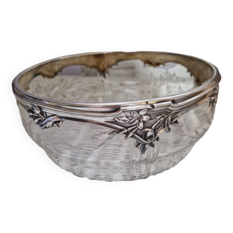 Saladier vintage en verre et argent ciselé