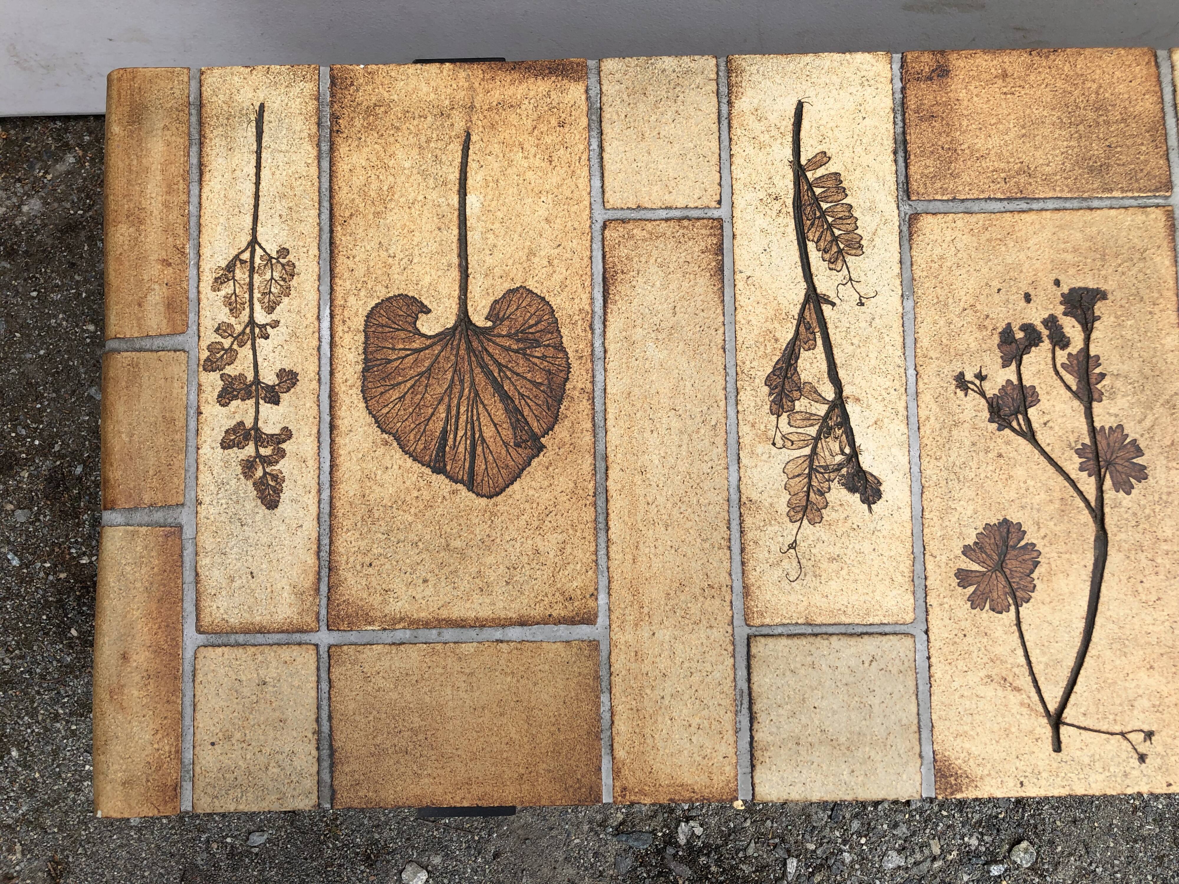 Vintage ceramic coffee table with herbarium decorations by Roger Capron, solid beech base.