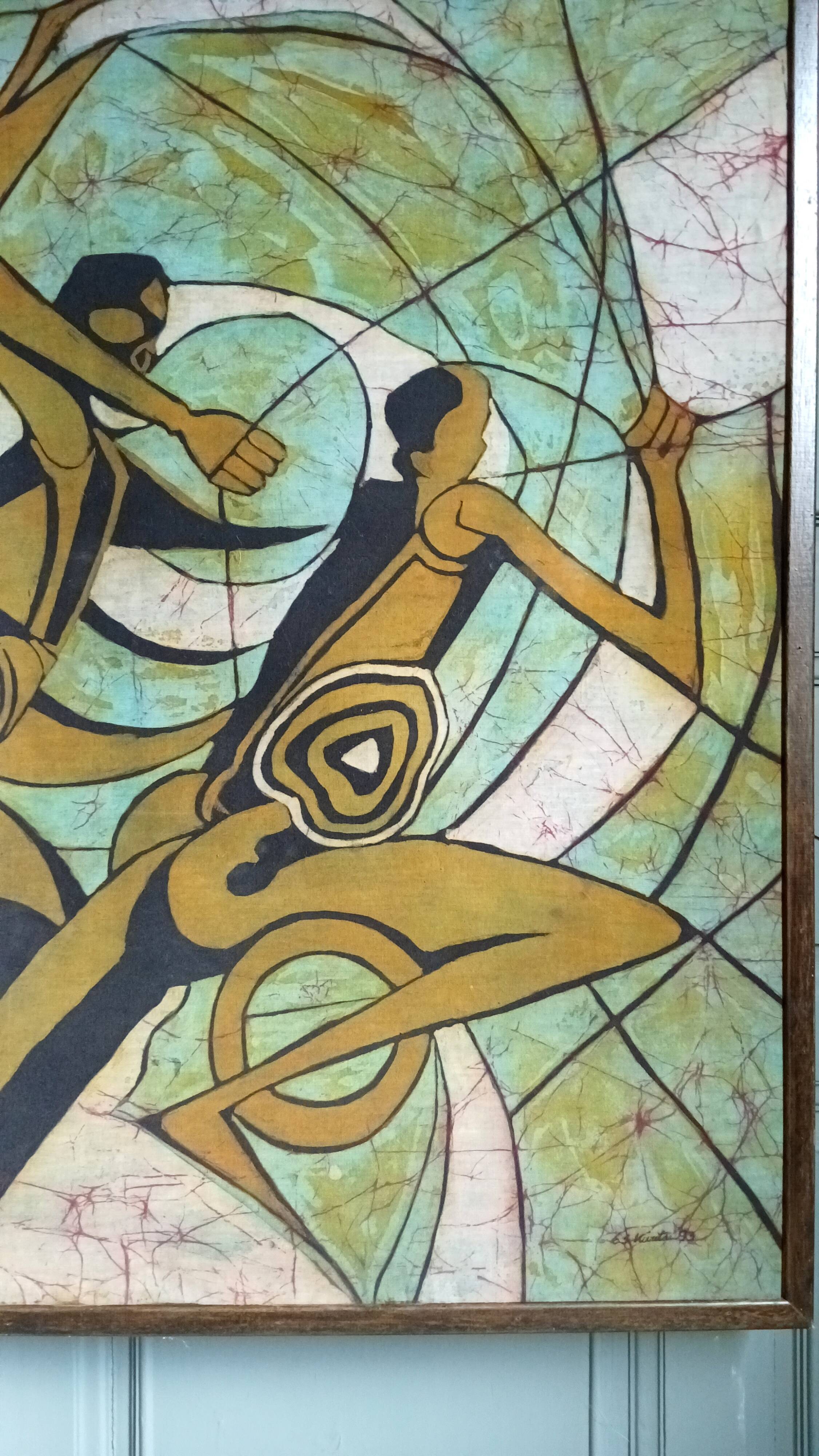 Neo-Cubist painting signed, ink on fabric, framed 1993