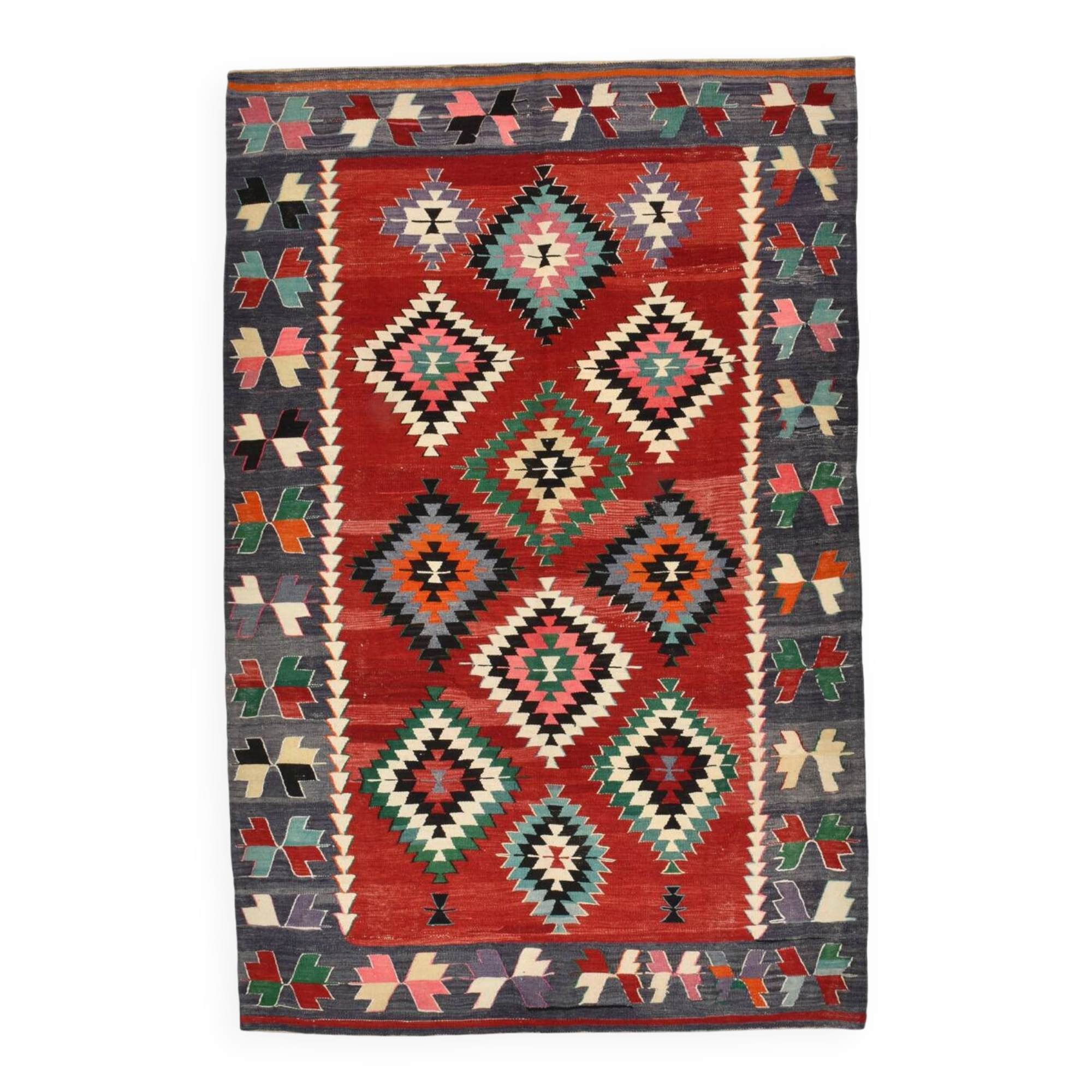 5x9 Red & Green Geometric Tribal Vintage Kilim Rug, 170x267Cm