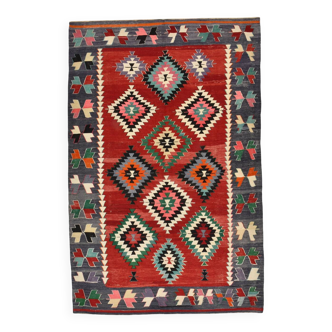5x9 Red & Green Geometric Tribal Vintage Kilim Rug, 170x267Cm