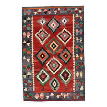 5x9 Red & Green Geometric Tribal Vintage Kilim Rug, 170x267Cm