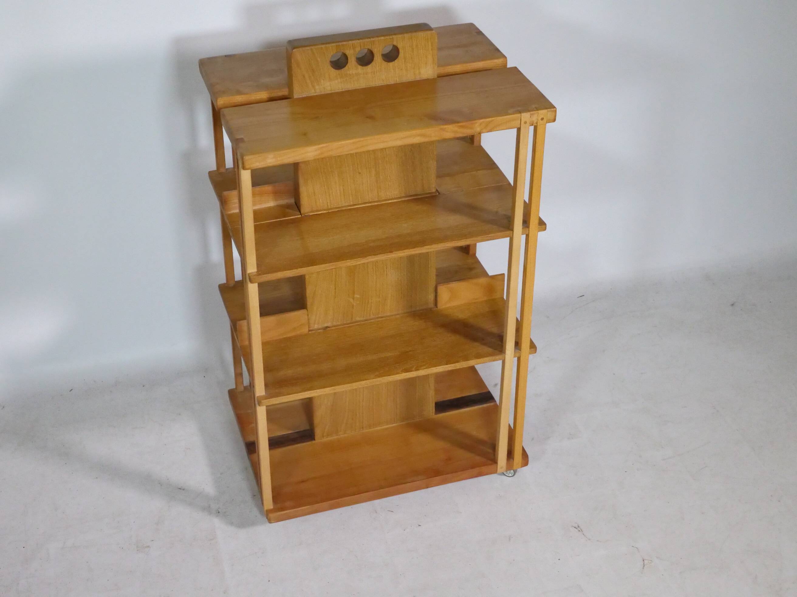 Solid cherry wood rolling shelf, unique piece, 1970s