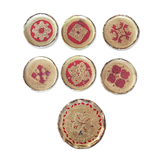 Lot de six sous verres avec assiette florentine bois peint signé