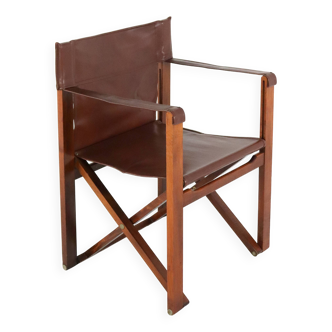 Fauteuil safari pliant en cuir marron et bois