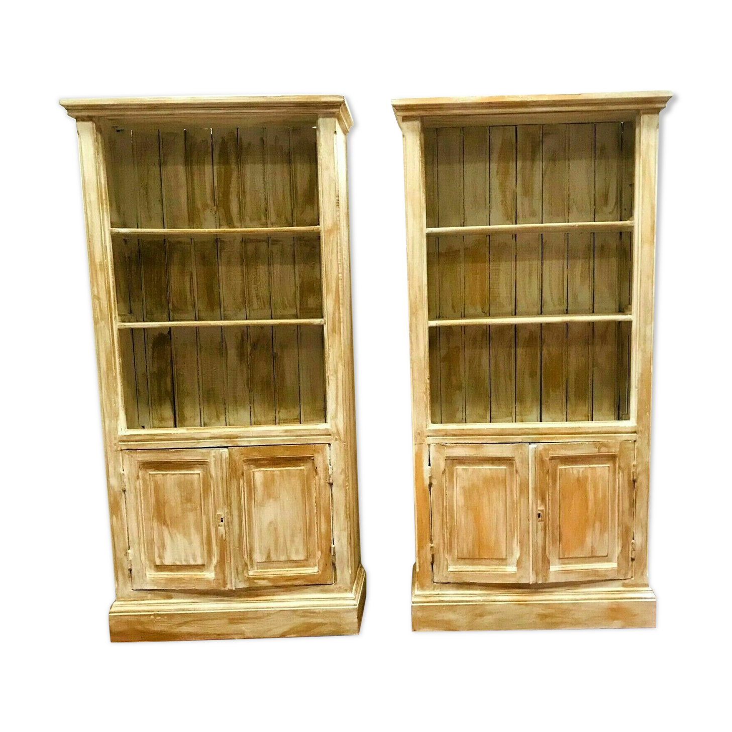 Pair of store windows in patinated fir