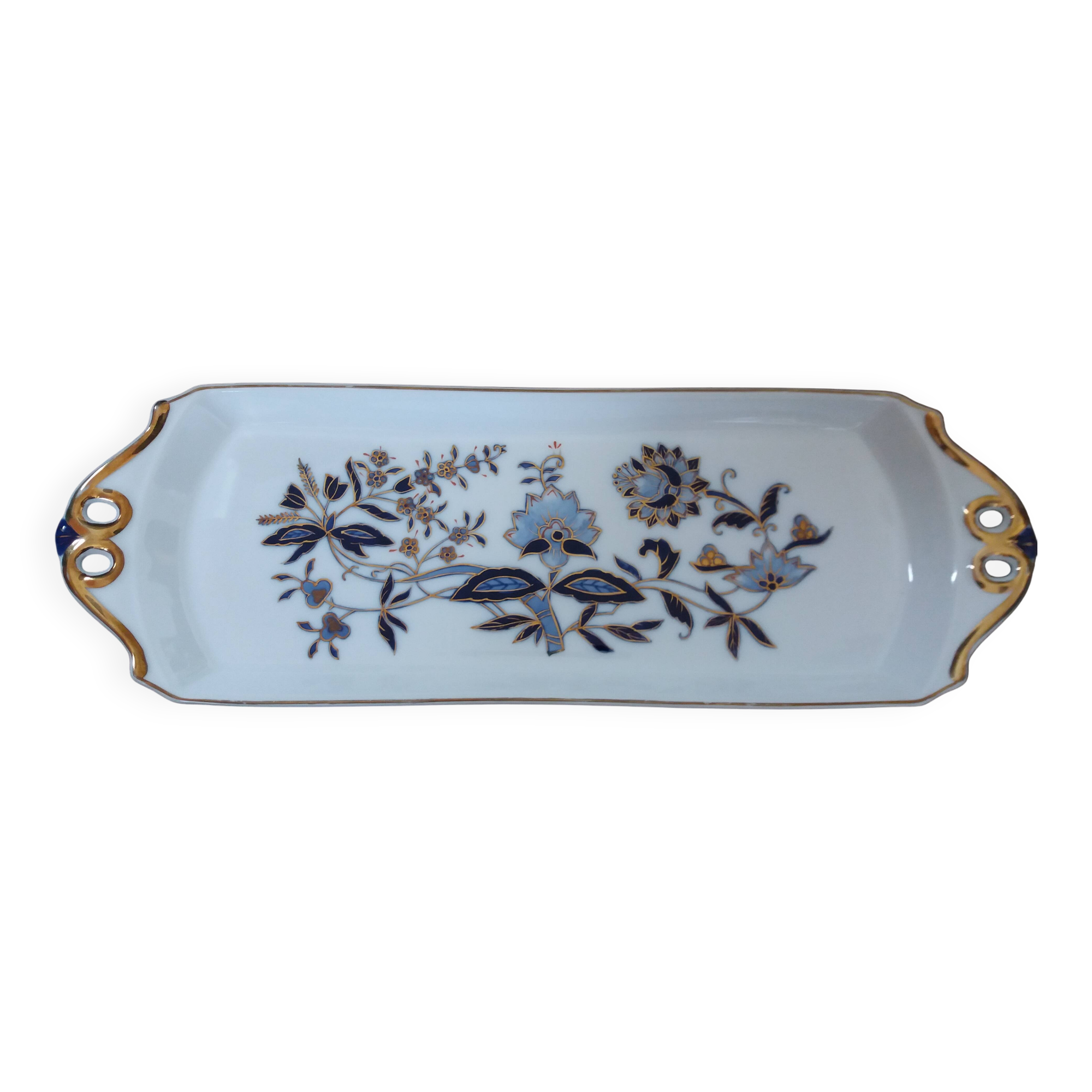 Victoria rectangular tray, hand-painted blue and gold porcelain decoration