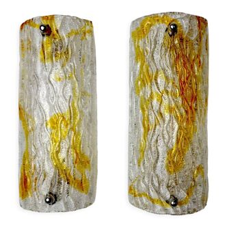 Pair of Mazzega wall lamps, orange Murano blown glass, Italy, 1960