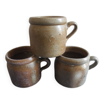 Lot of antique rustic stoneware pots, old French stoneware pots