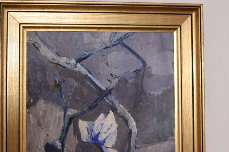 Original Swedish oil on canvas – “Winter Cyclamen” by Majken Bergvin (1922–2012) – 1965 – vintage & framed – 62 × 43 cm