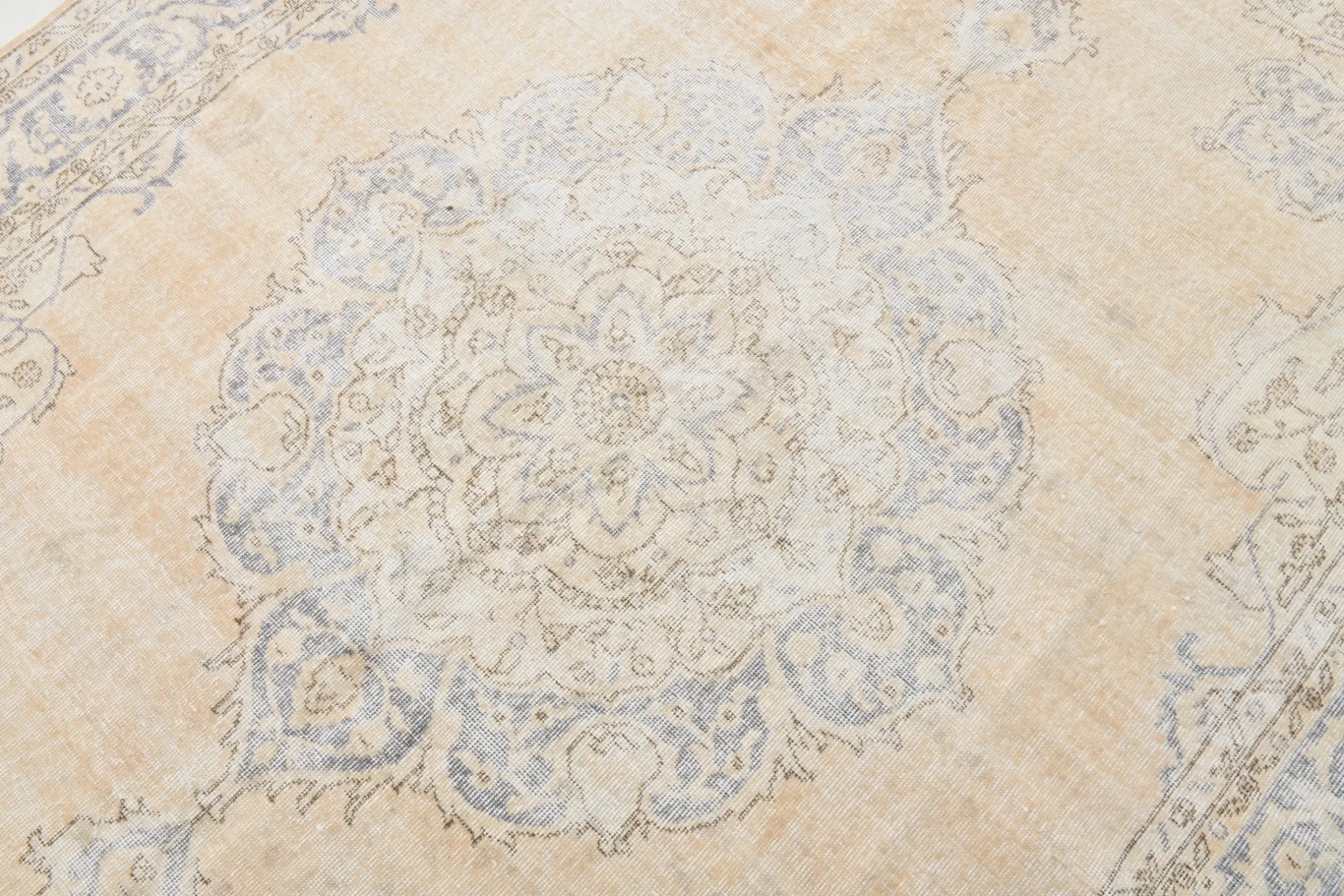 Turkish Pale Yellow & Pale Blue Vintage Rug, Oriental Pattern Wool Carpet