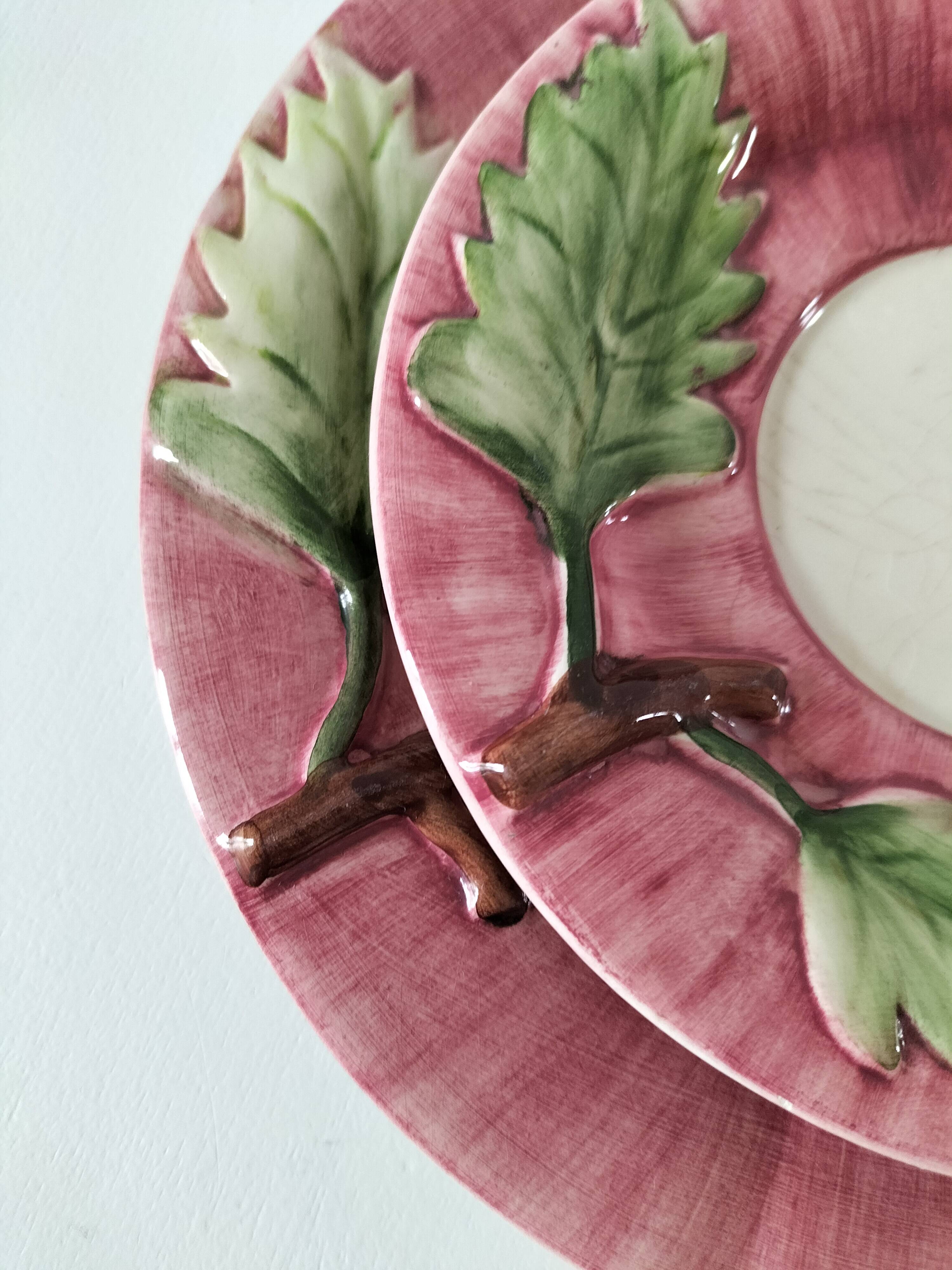 Two vintage leaf barbotine plates